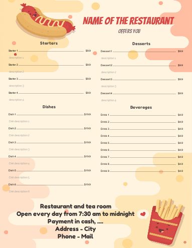 Card Menu Restaurant Snack Drawing template
