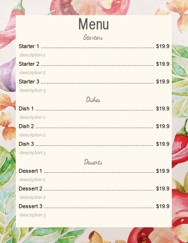 Card Menu Restaurant Pastel Vegetable template