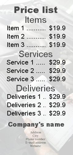 Poster List Price Garage Hand free template