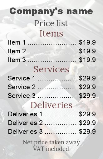 Poster List Price Garage Hand free template