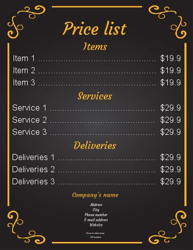 Poster List Price Black Orange template