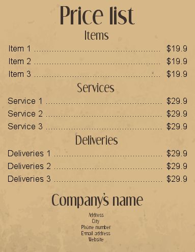 Poster List Price Brown template